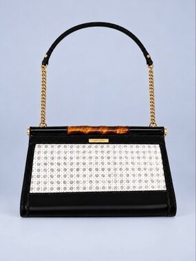 Anne Klein Black Patent White Woven Bamboo Handle Shoulder Bag